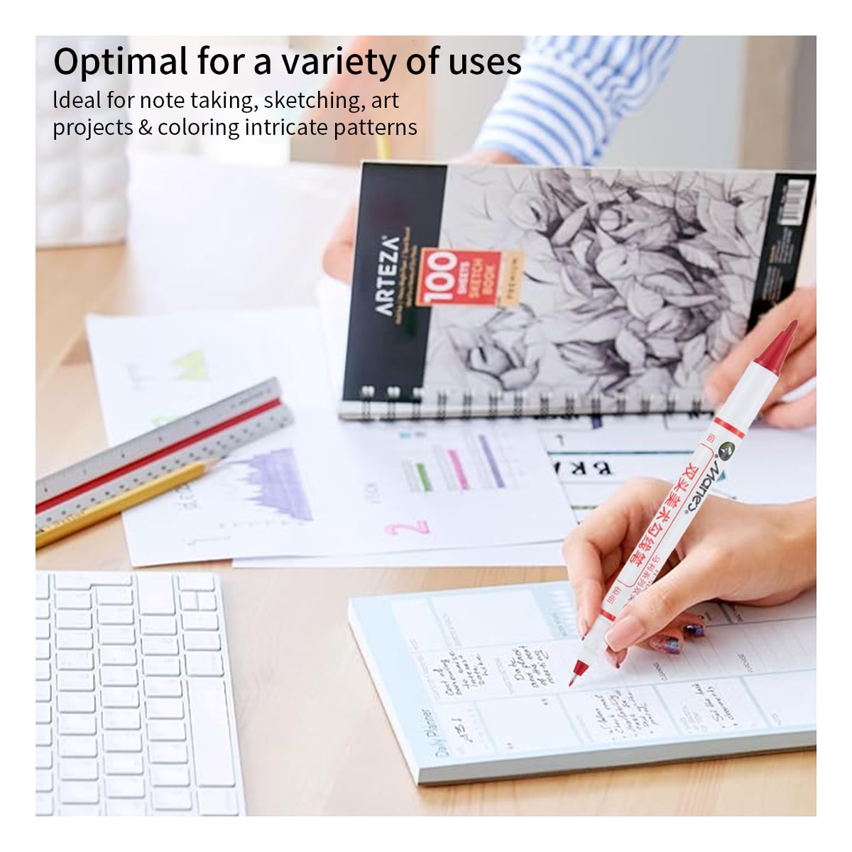 Twin Pen Dual Tip Marker, Red, Fine & Ultra Fine Point, Acrylic Paint Pens for Drawing/Sketching/Lettering, Art Supplies