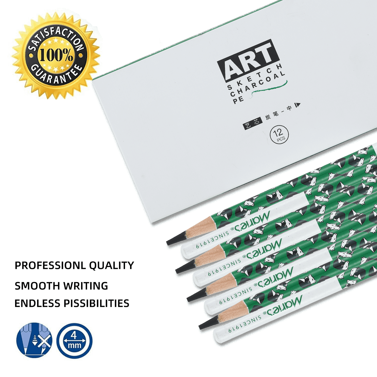 Professional Charcoal Pencils Set for Drawing & Sketching |  36-Pack Art Core Charcoal Pencils (12 Soft, 12 Medium, 12 Hard) | For Artists, Students