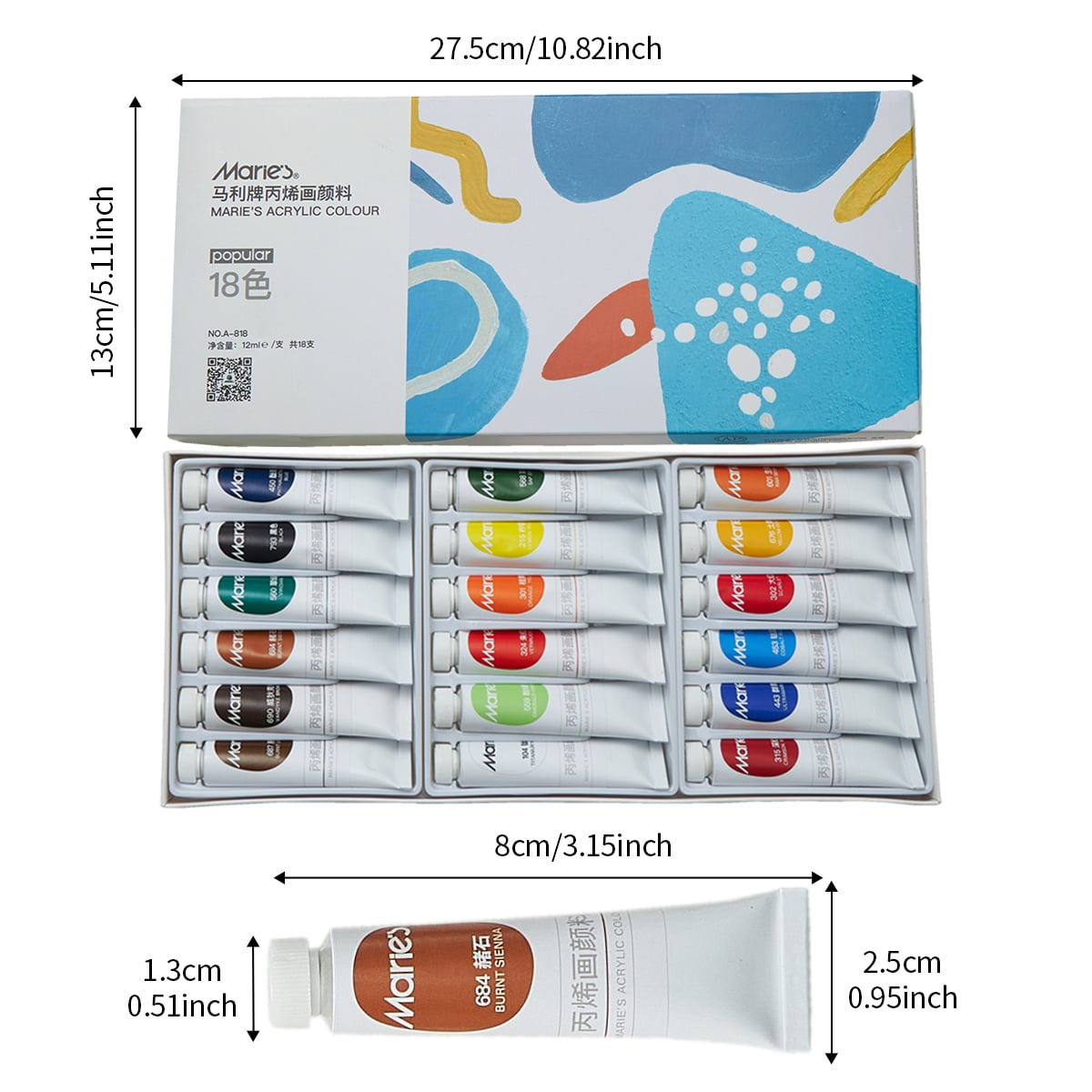 Acrylic Paint, 18 Colors x 12ml/0.4oz - Rich Pigments, Vibrant Colors for Canvas, Wood, Fabric & Crafts, Ideal for Artists, Beginners, Students & Hobbyists