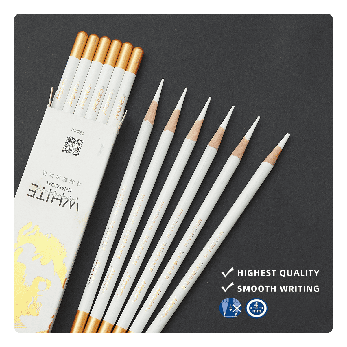 Marie's Professional White Charcoal Pencil, 60 Pieces-Highlights & Blending, Artist Drawing Pencil, Charcoal Drawing, Portrait