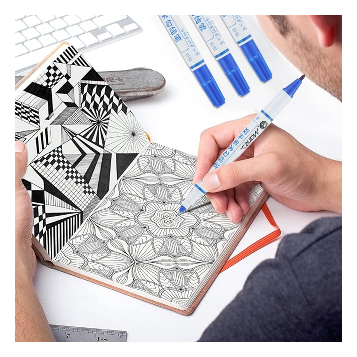 12pcs Double Tip Paint Marking Pen,Blue Waterproof Archival Ink Pens, Multi-Line Pens, Illustration Pens, Suitable for Sketching, Watercolor Painting, Anime, Comics, And Professional Drawing