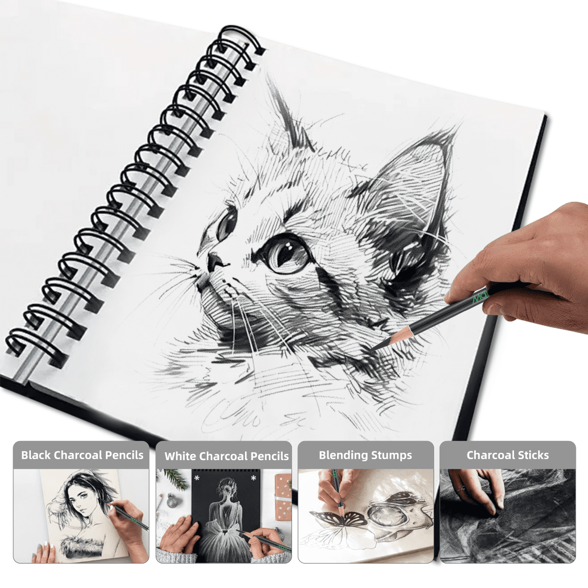 Professional Charcoal Pencils Set for Drawing & Sketching |  36-Pack Art Core Charcoal Pencils (12 Soft, 12 Medium, 12 Hard) | For Artists, Students
