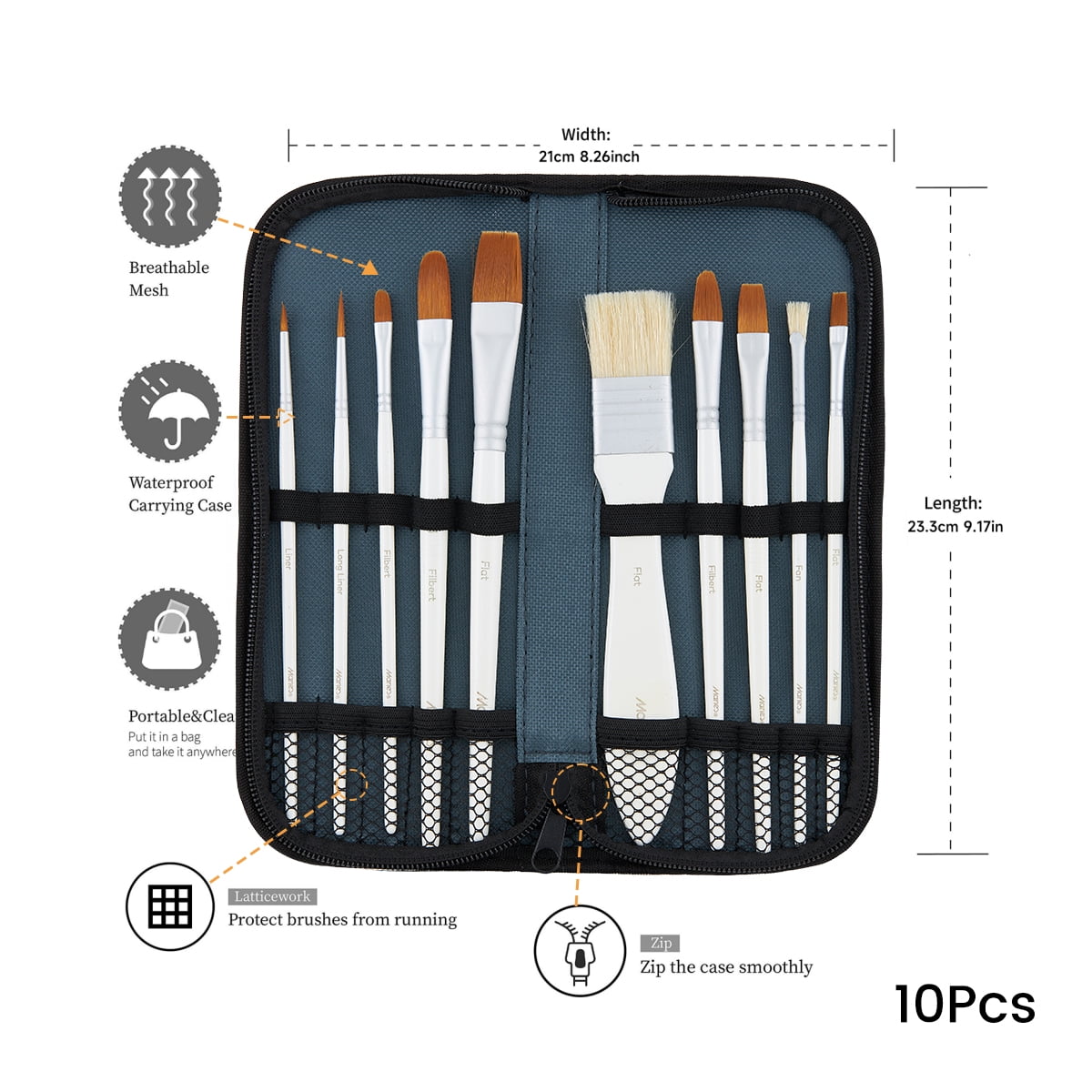 Gouache Brush Set,10-Piece - Round, Flat & Detail Brushes for Gouache, Acrylic & Watercolor | Nylon & Natural Hair Blend | Portable Artist Starter Kit