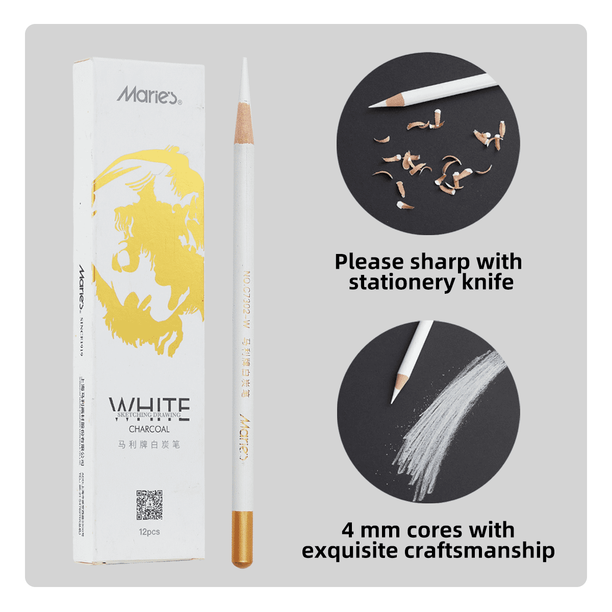 Marie's Professional White Charcoal Pencil, 60 Pieces-Highlights & Blending, Artist Drawing Pencil, Charcoal Drawing, Portrait