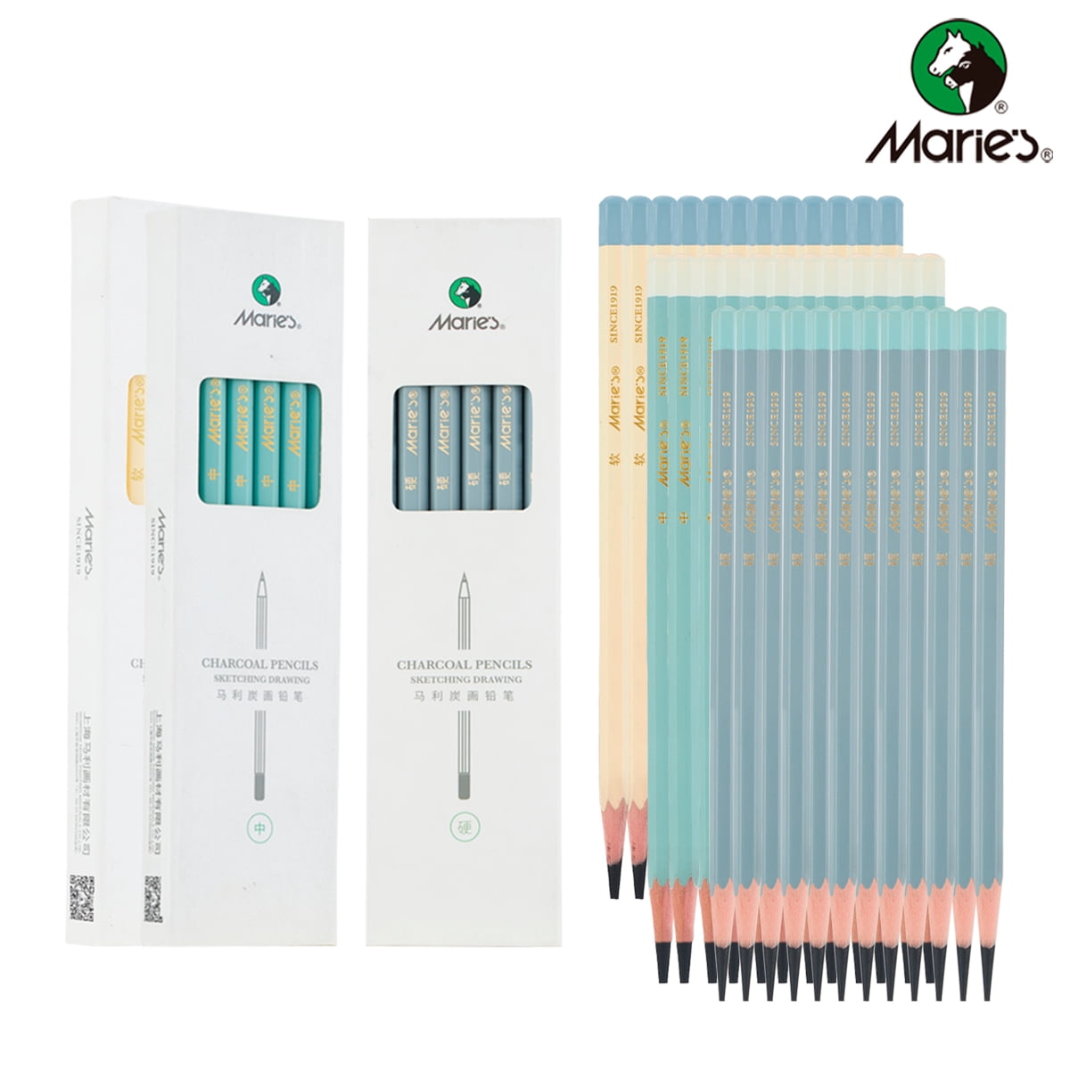 Marie's 36 Count Charcoal Pencils, Soft Medium Hard Charcoal Drawing Pencils Set, 12 Each for Sketching, Shading & Art Supplies