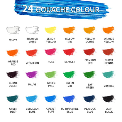 Professional 24 Color Set of Gouache Paint in 12ml/0.4oz Tubes -Vibrant Pigments, Non Fading, Rich Vivid Colors for Artists, Students, Beginners - Canvas Portrait Paintings