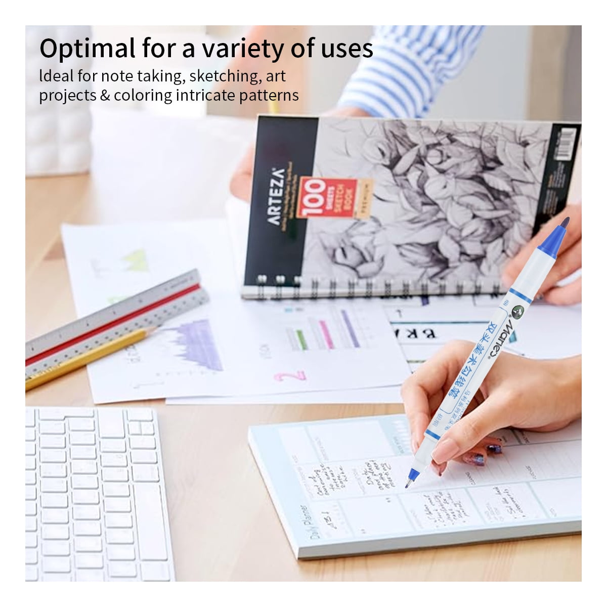 12pcs Double Tip Paint Marking Pen,Blue Waterproof Archival Ink Pens, Multi-Line Pens, Illustration Pens, Suitable for Sketching, Watercolor Painting, Anime, Comics, And Professional Drawing