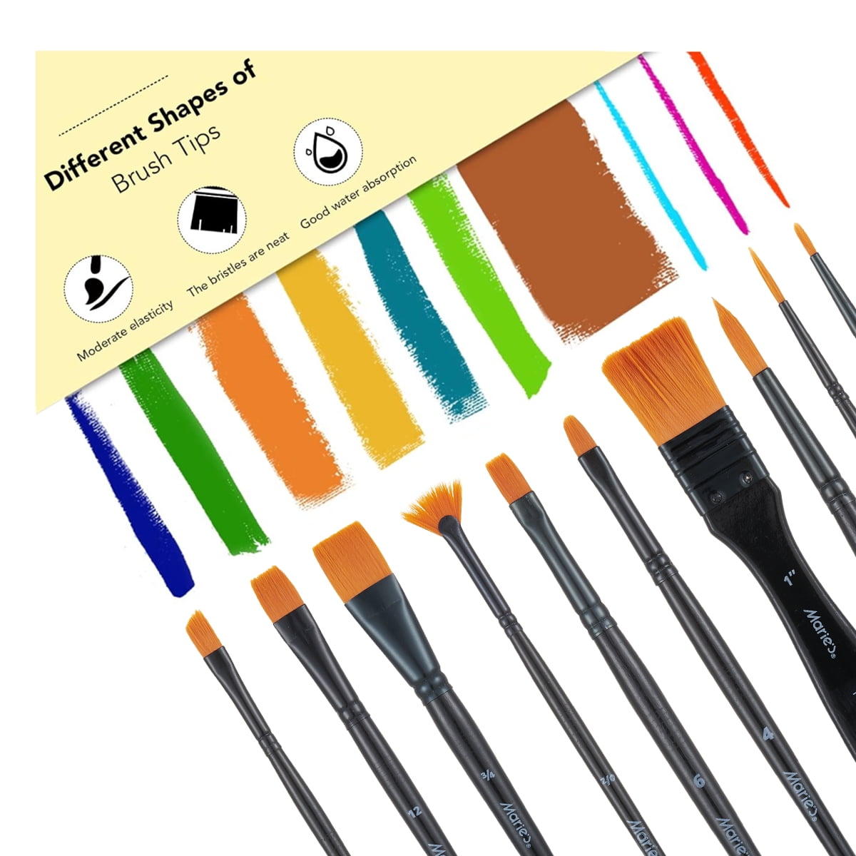 Marie's Acrylic Nylon Brush Set, 10-Pack for Painting - Professional & Student Grade for Canvas, Wood, Fabric
