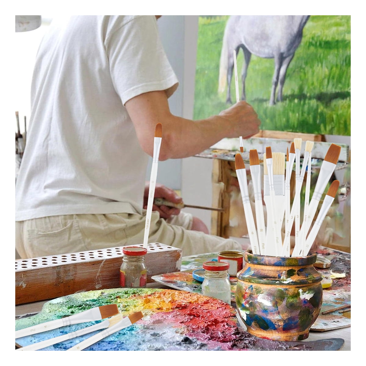 Gouache Brush Set,10-Piece - Round, Flat & Detail Brushes for Gouache, Acrylic & Watercolor | Nylon & Natural Hair Blend | Portable Artist Starter Kit